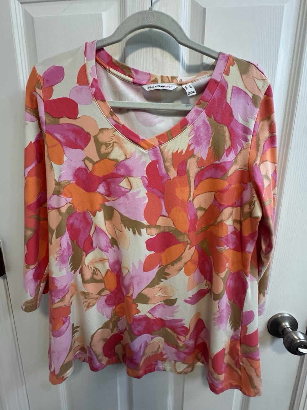 Isaac Mizrahi L Pink Orange Floral Pullover Blouse V-neck 3/4 Sleeves